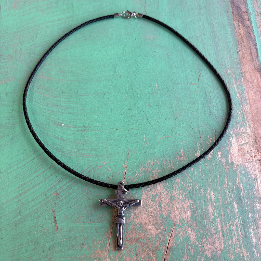 Braided Leather Cord Stainless Steel Crucifix Necklace