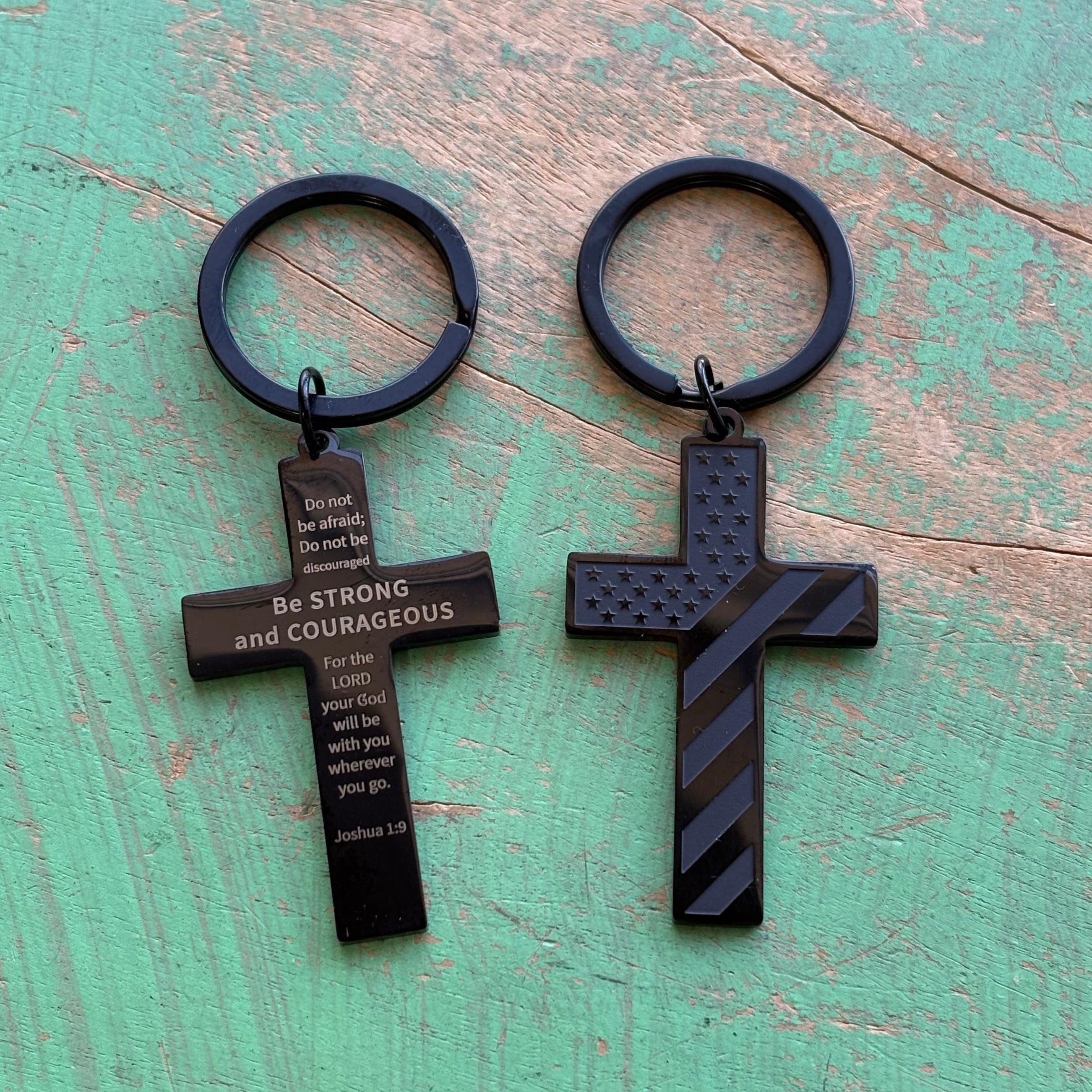 Black Stainless Steel Courageous Cross Keychain