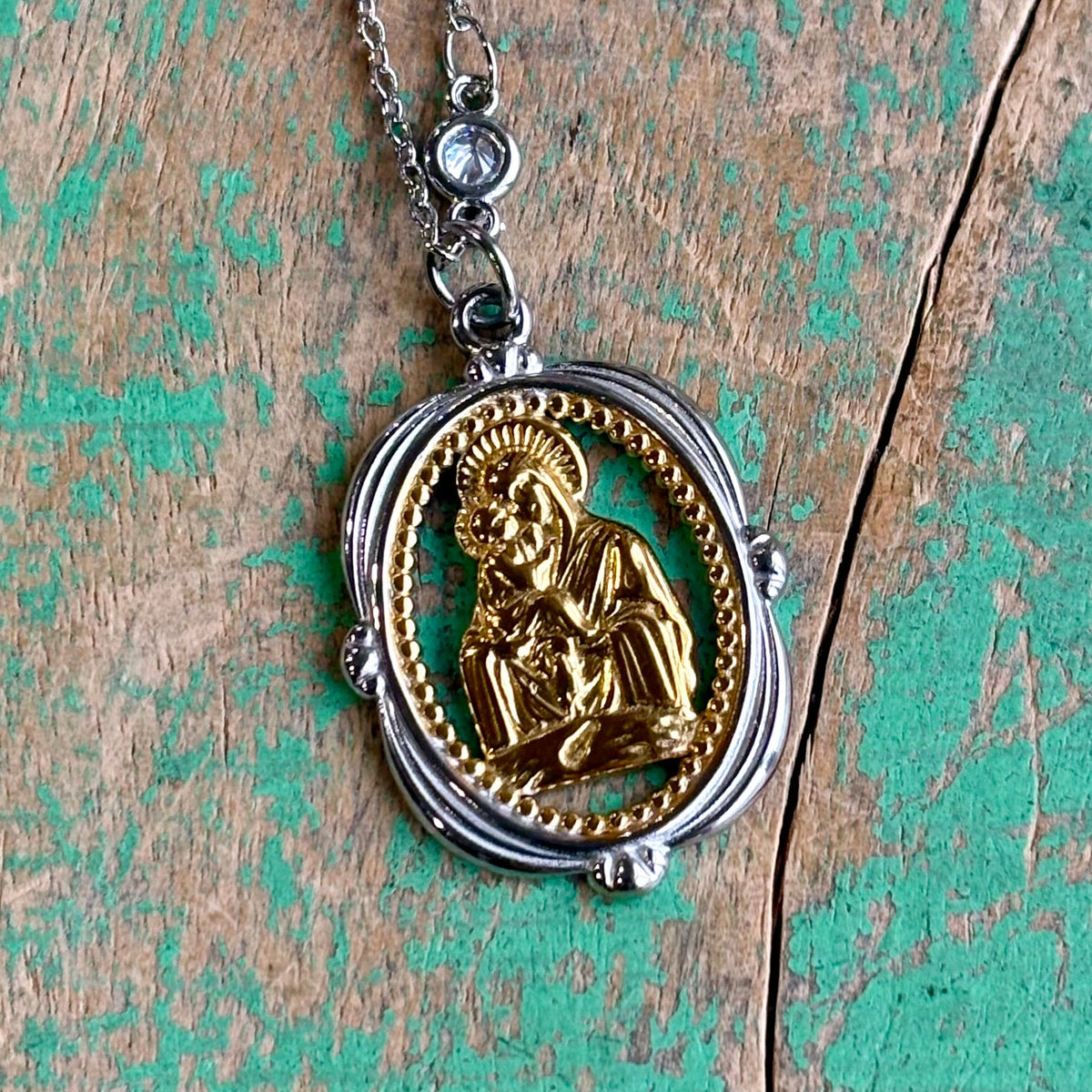 Platinum-Plated CZ Madonna & Child Necklace