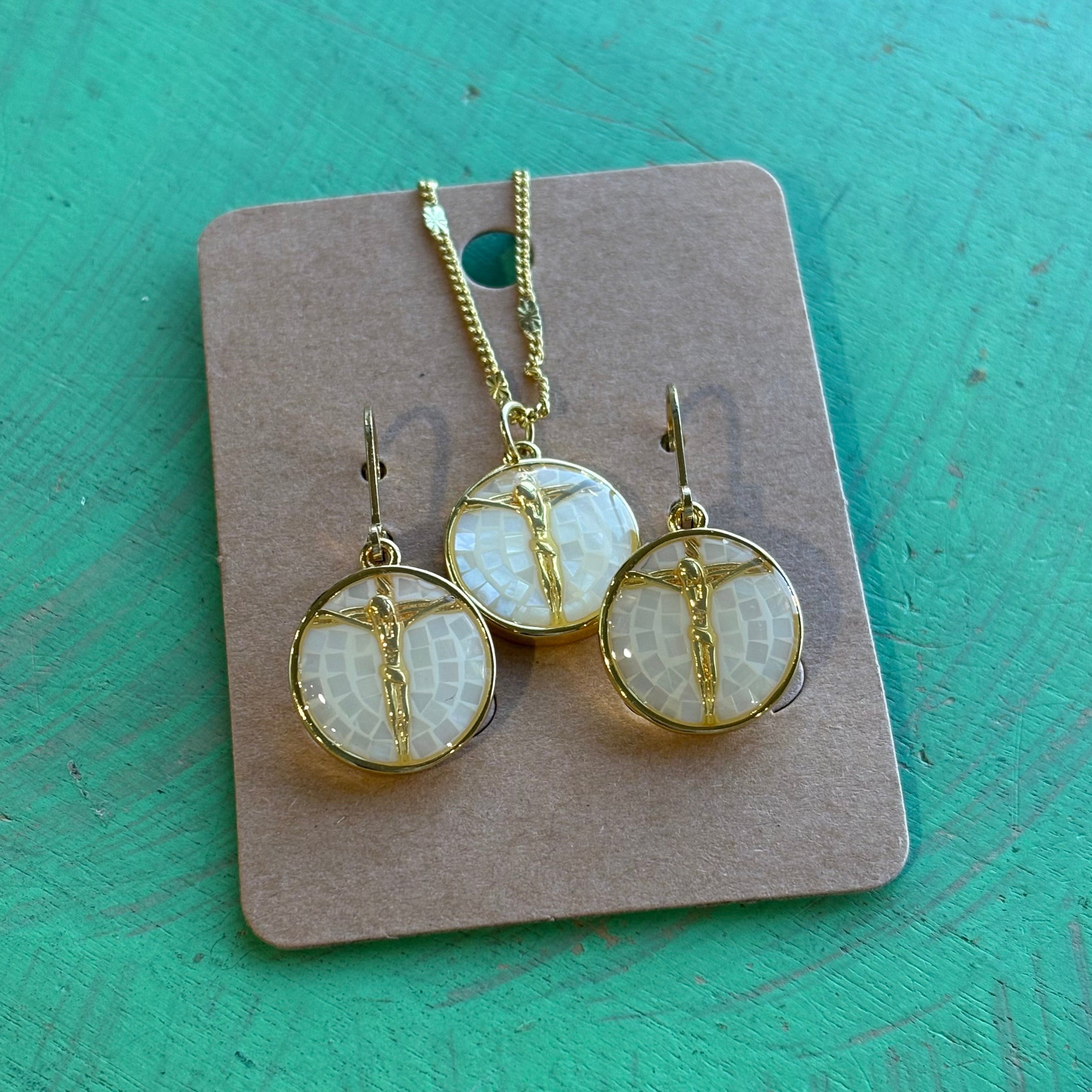White Mosaic Crucifix Necklace or Earrings