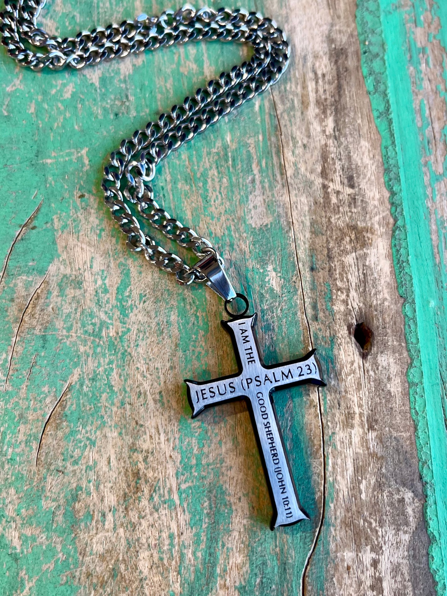 Black and Silver Iron Cross Psalm 23 24” Necklace