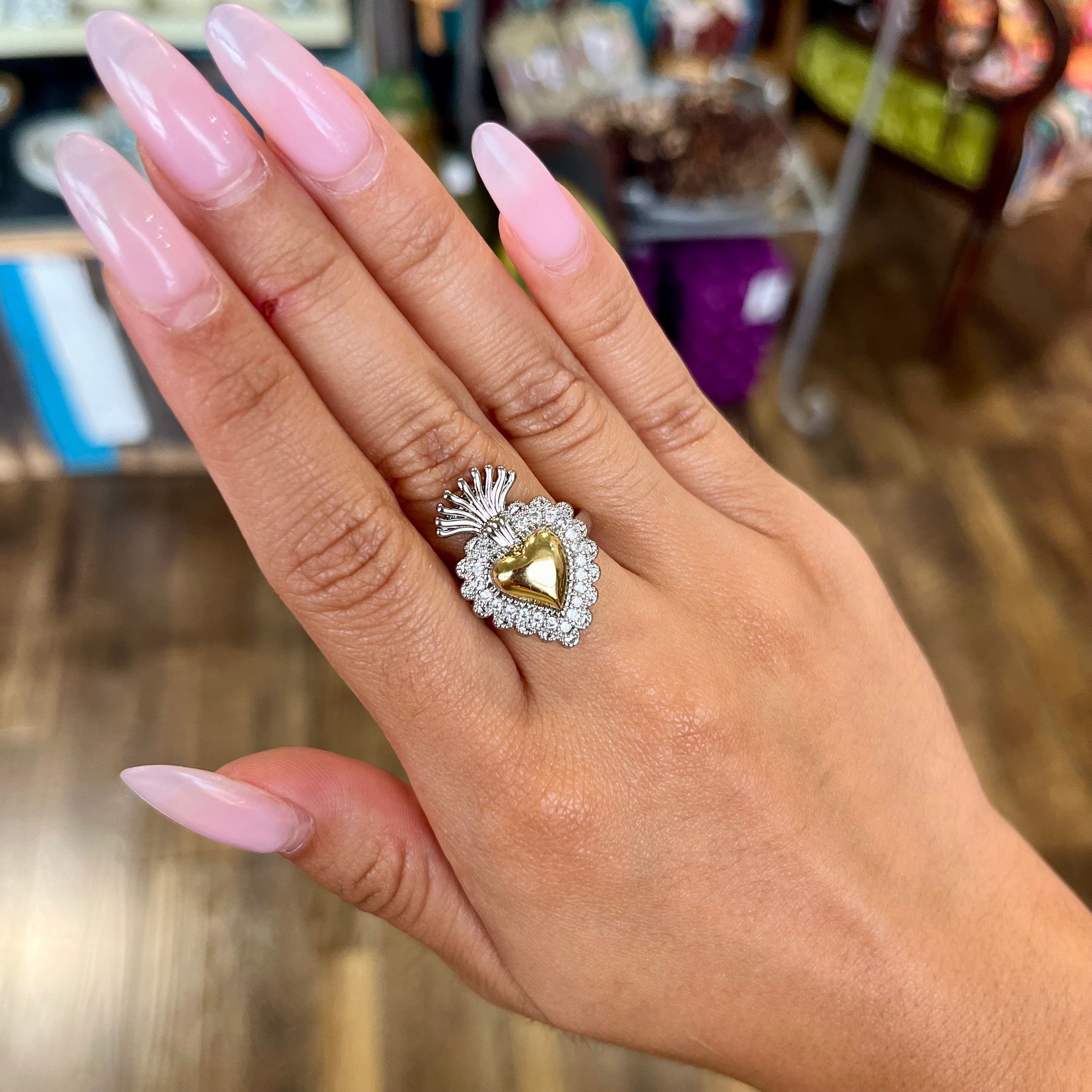 Adjustable Two Tone CZ Sacred Heart Ring