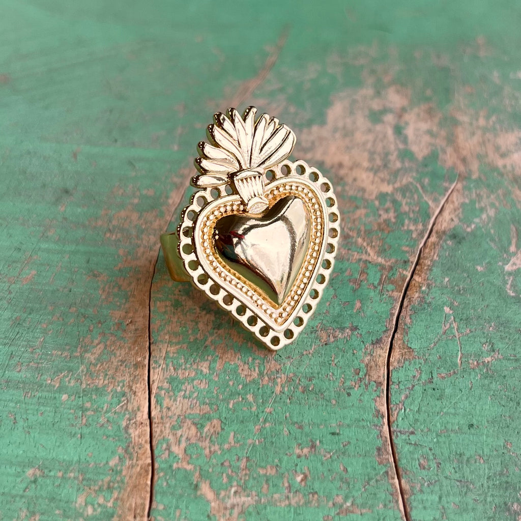 Adjustable Brass Sacred Heart Ring