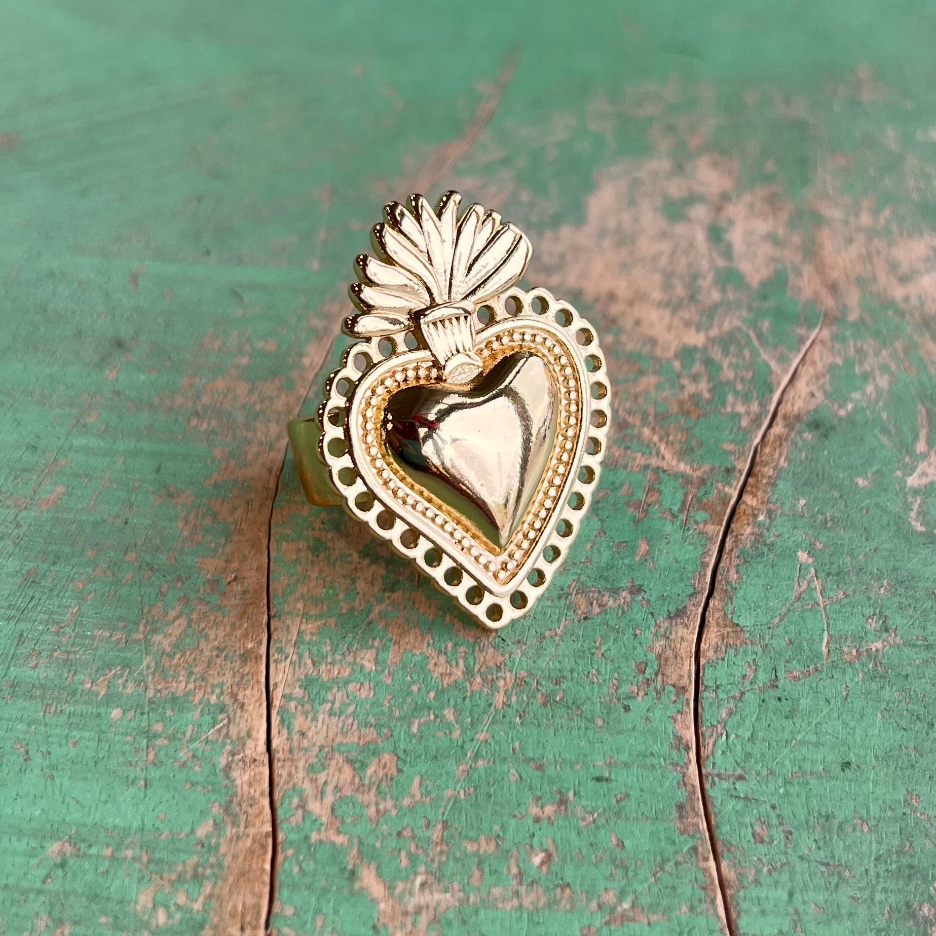 Adjustable Brass Sacred Heart Ring
