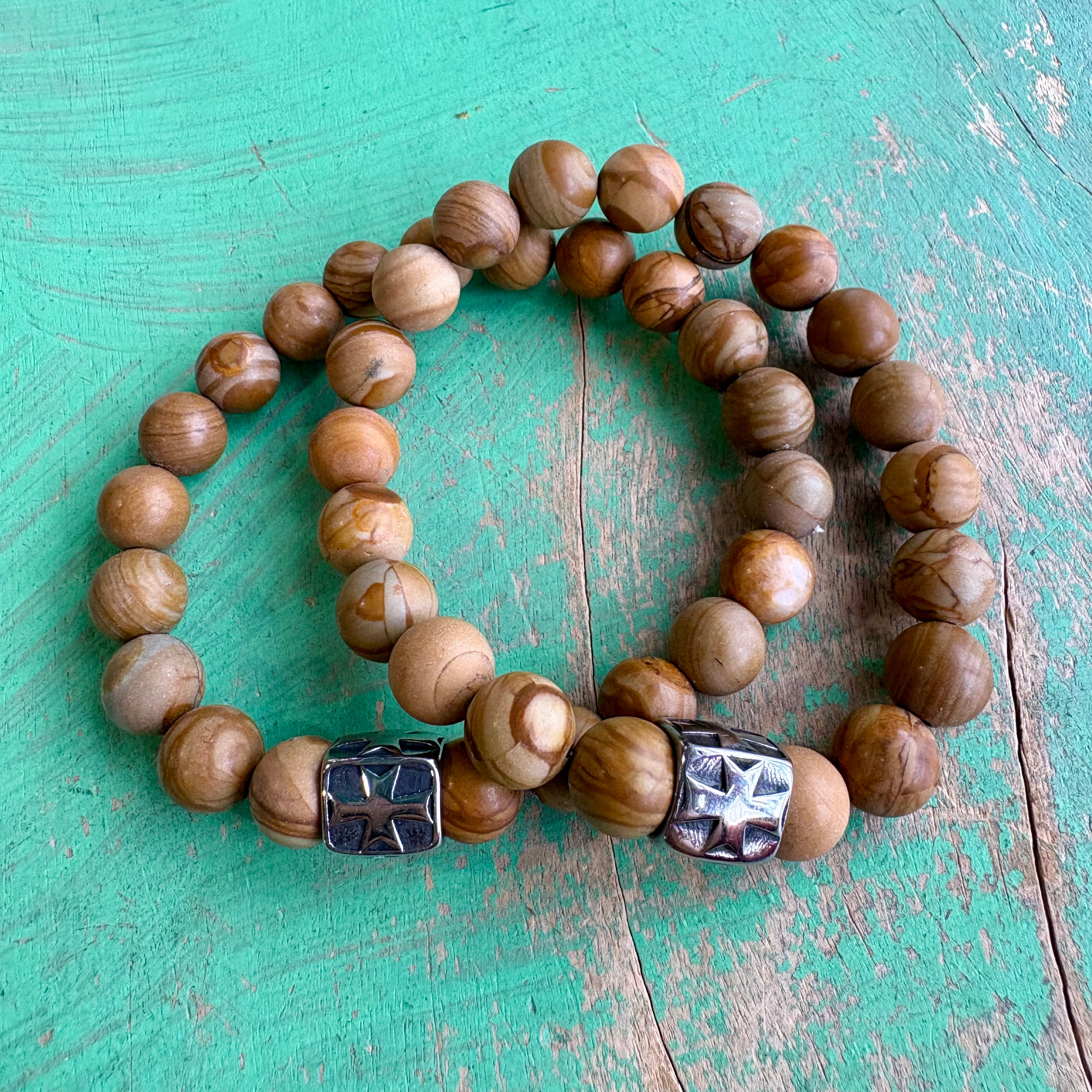 10mm Agate Bead Barrel Cross Bracelet