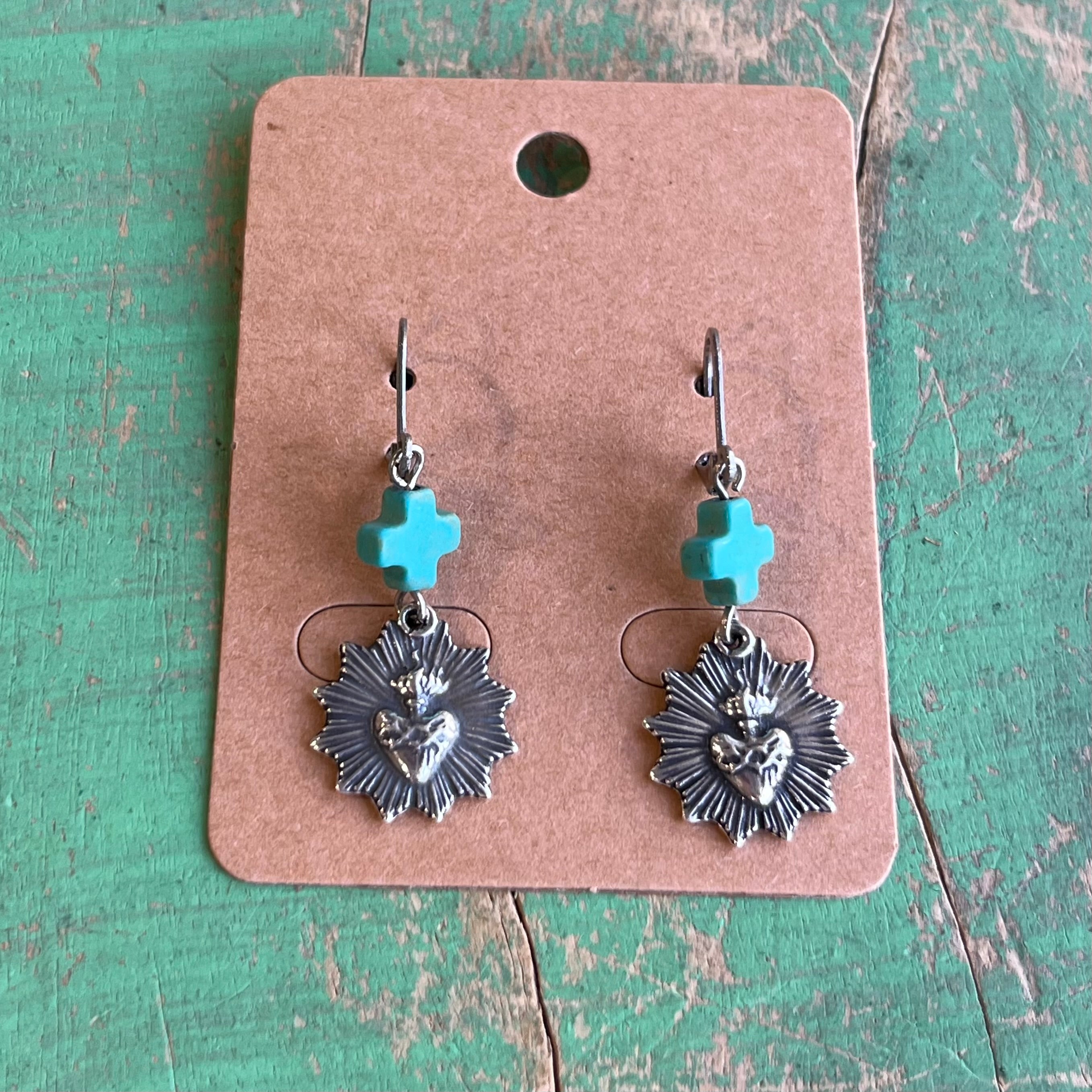 Silver Sacred Heart Turquoise Cross Earrings