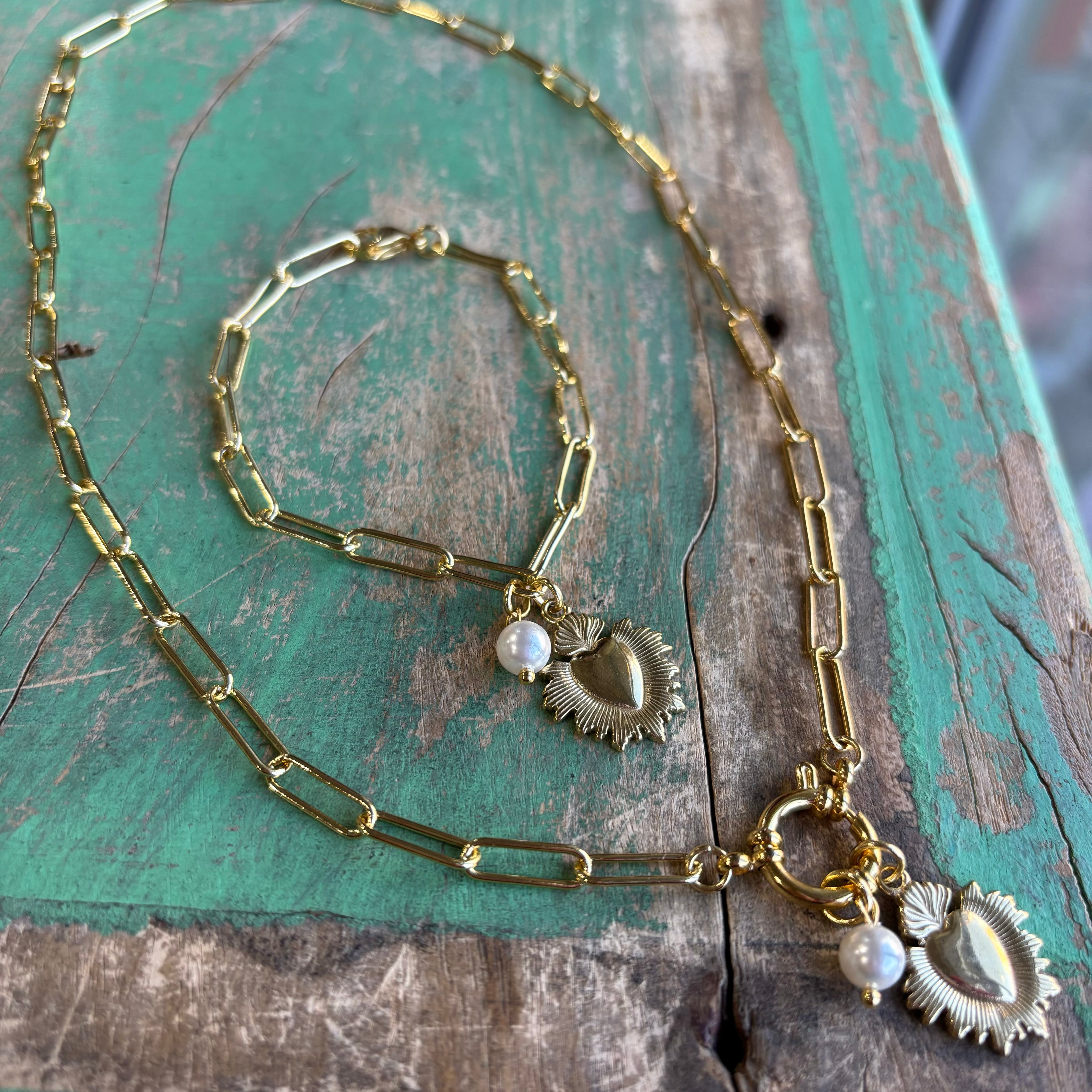 Gold Paperclip Sacred Heart and Pearl Necklace or Bracelet