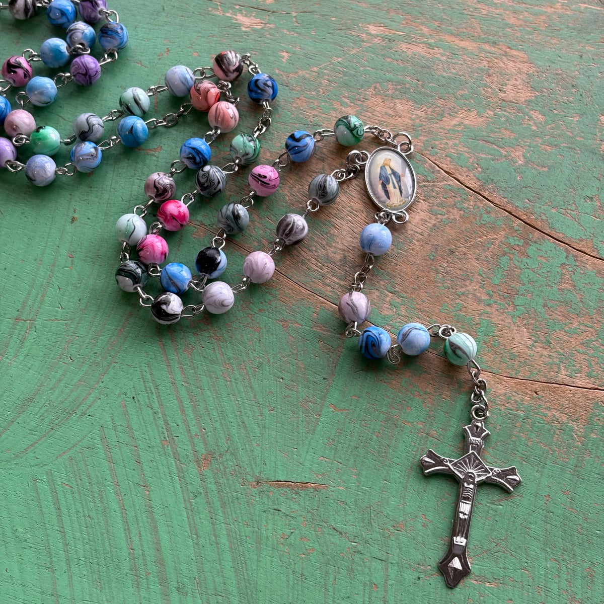 Our Lady of Grace Multicolor Swirl Bead Rosary – 32”