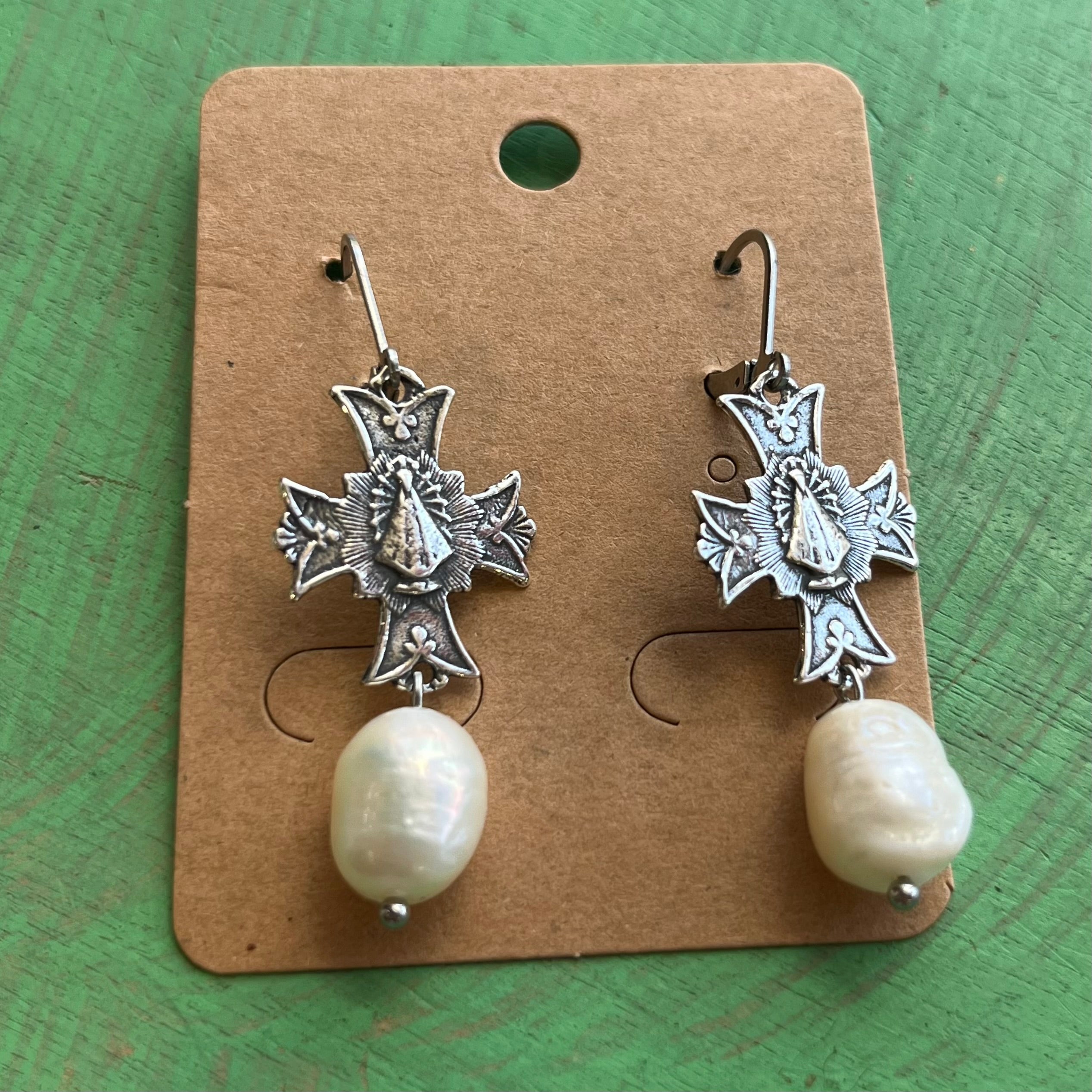 Cross Sacred Heart Dangle Earrings