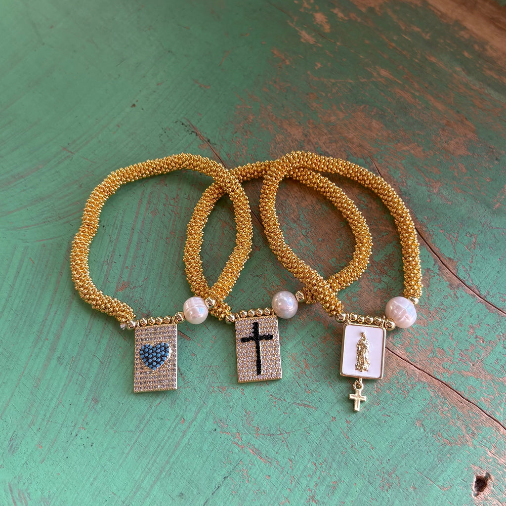 Gold Beaded Freshwater Pearl Faith Bracelets