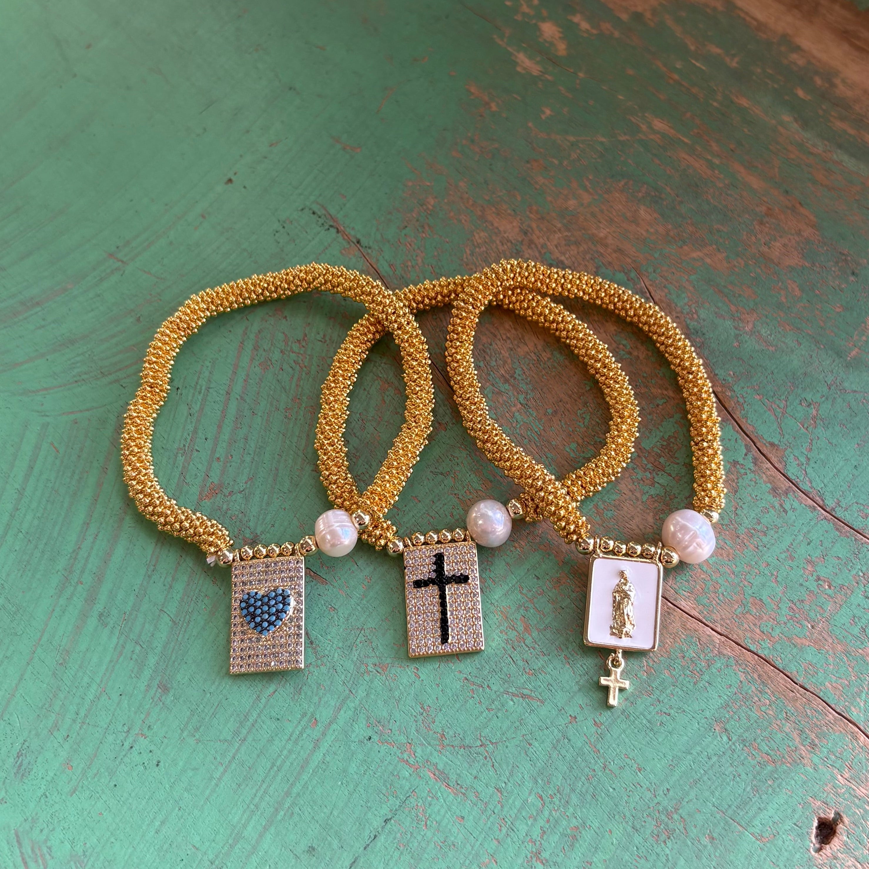 Gold Beaded Freshwater Pearl Faith Bracelets