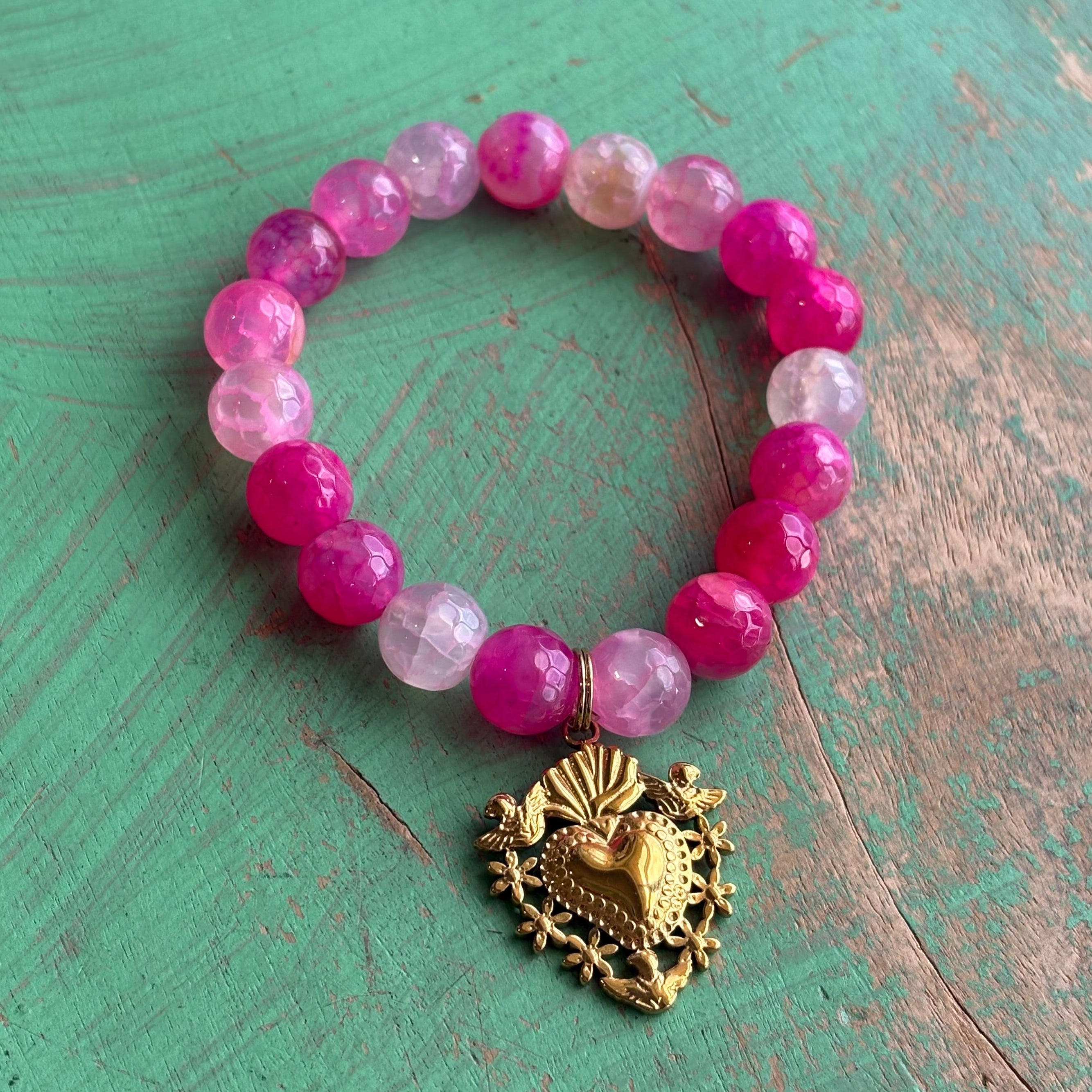 Pink Agate Angels Sacred Heart Bracelet