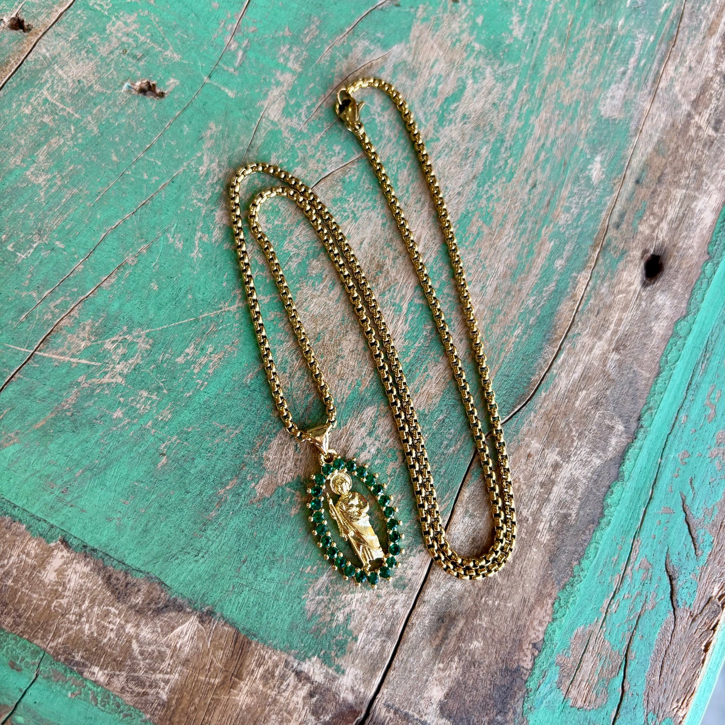 Green Gemstone St Jude Chain Necklace