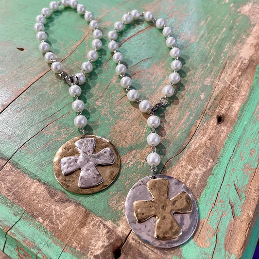 Two Toned Round Cross Pearl Car Blessing