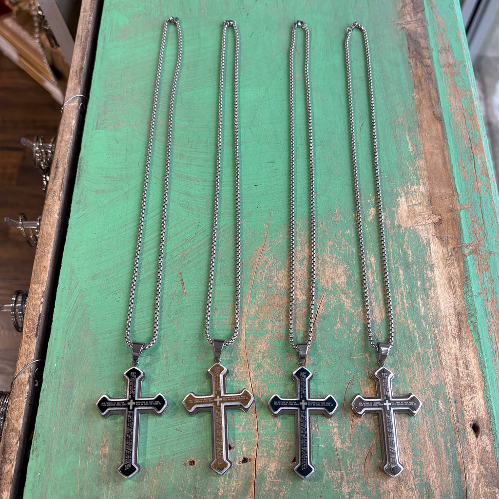 Stainless Steel Big Our Father Cross Necklace