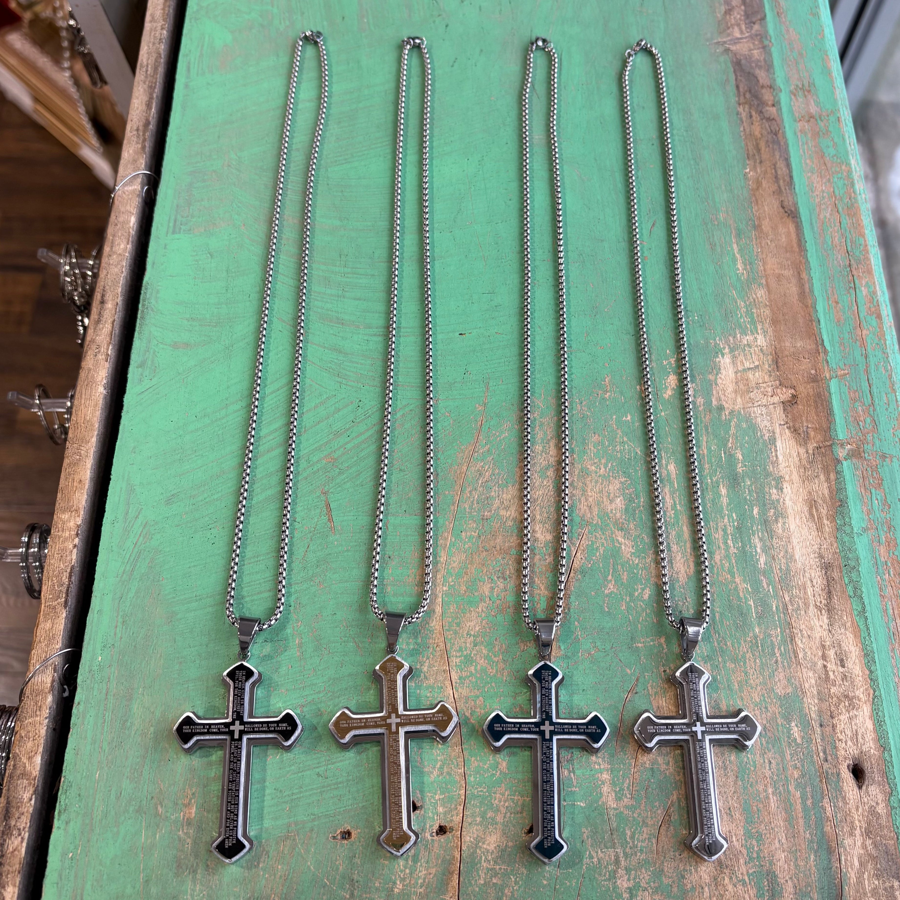 Stainless Steel Big Our Father Cross Necklace