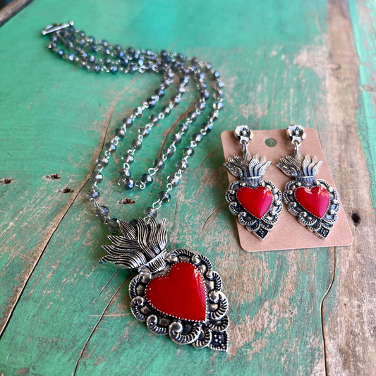 Red Flaming Sacred Heart Necklace or Earrings