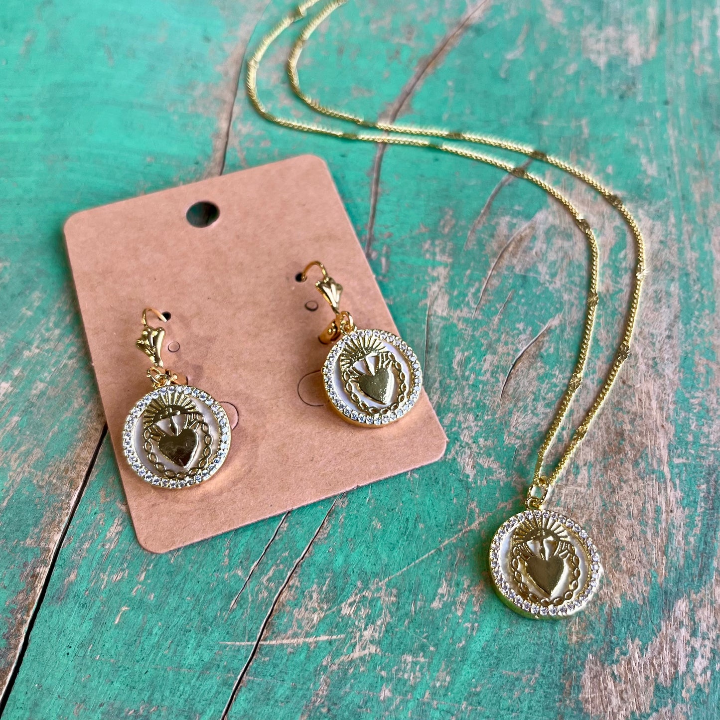 Gold Plated Sacred Heart Chain and Earrings