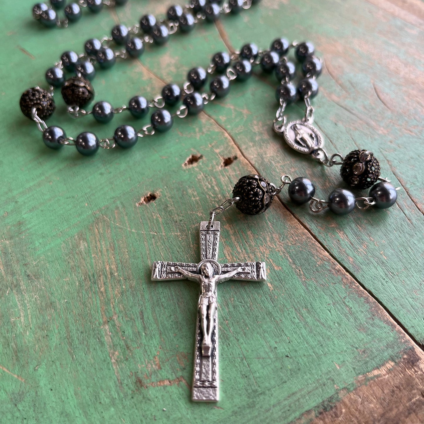 Grey Pearl Miraculous Medal Rosary