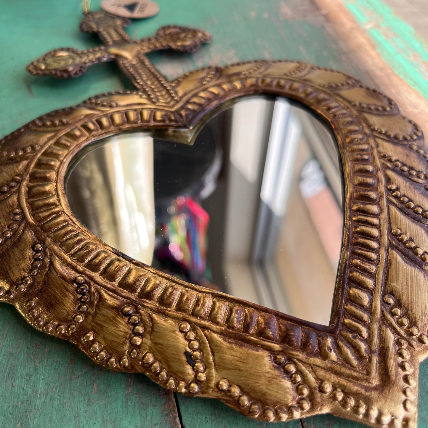 Cross on Heart Tin Mirror