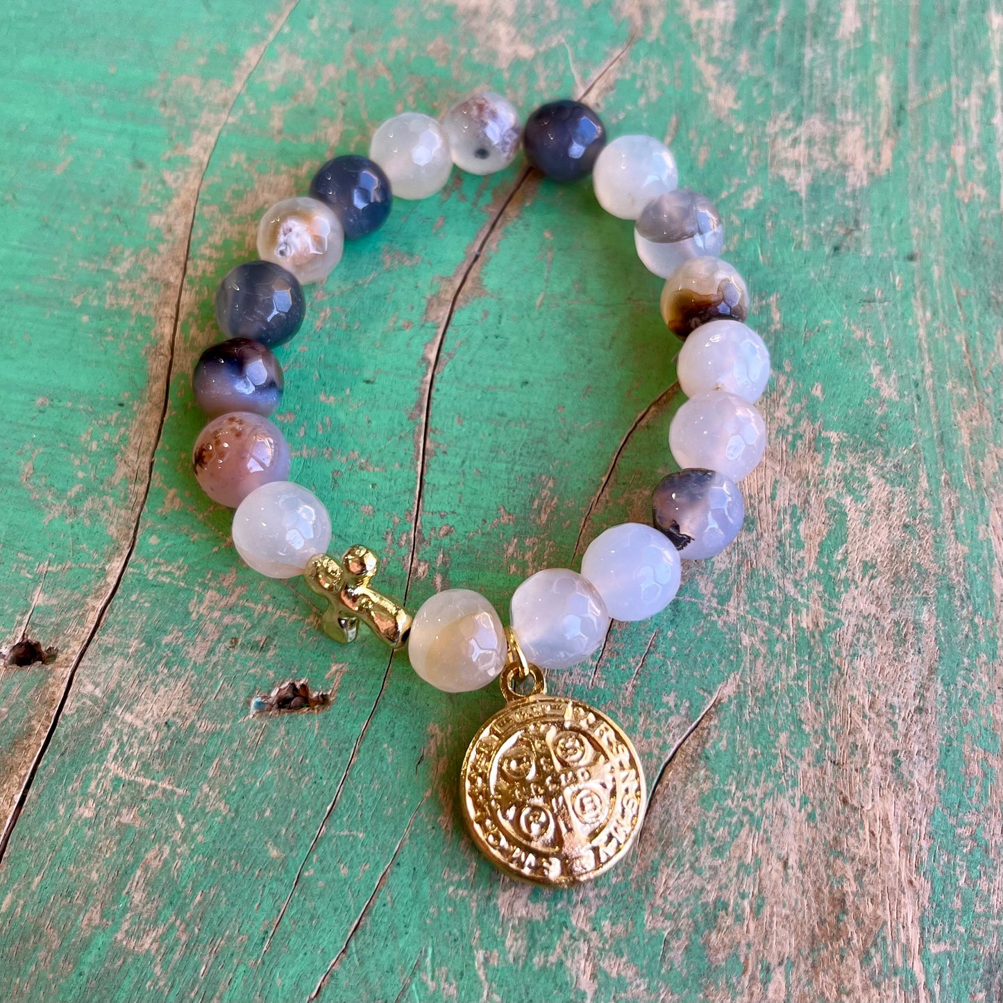 Milky Agate St Benedict Bubble Bracelet