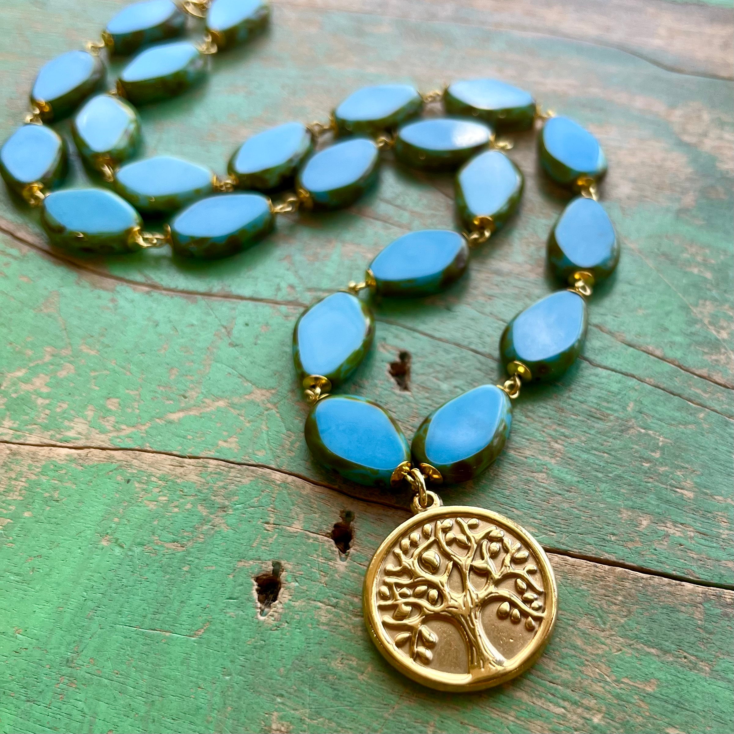 Turquoise and Gold Tree of Life Necklace, Bracelet or Earrings