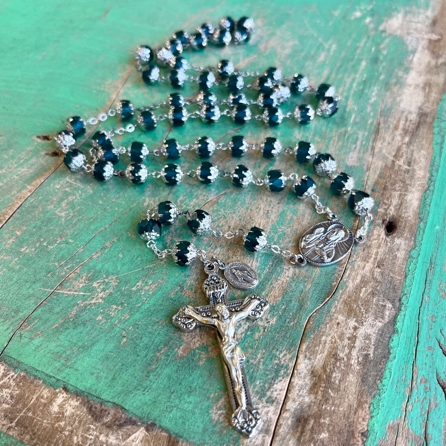 Teal Glass Bead Scapular Rosary