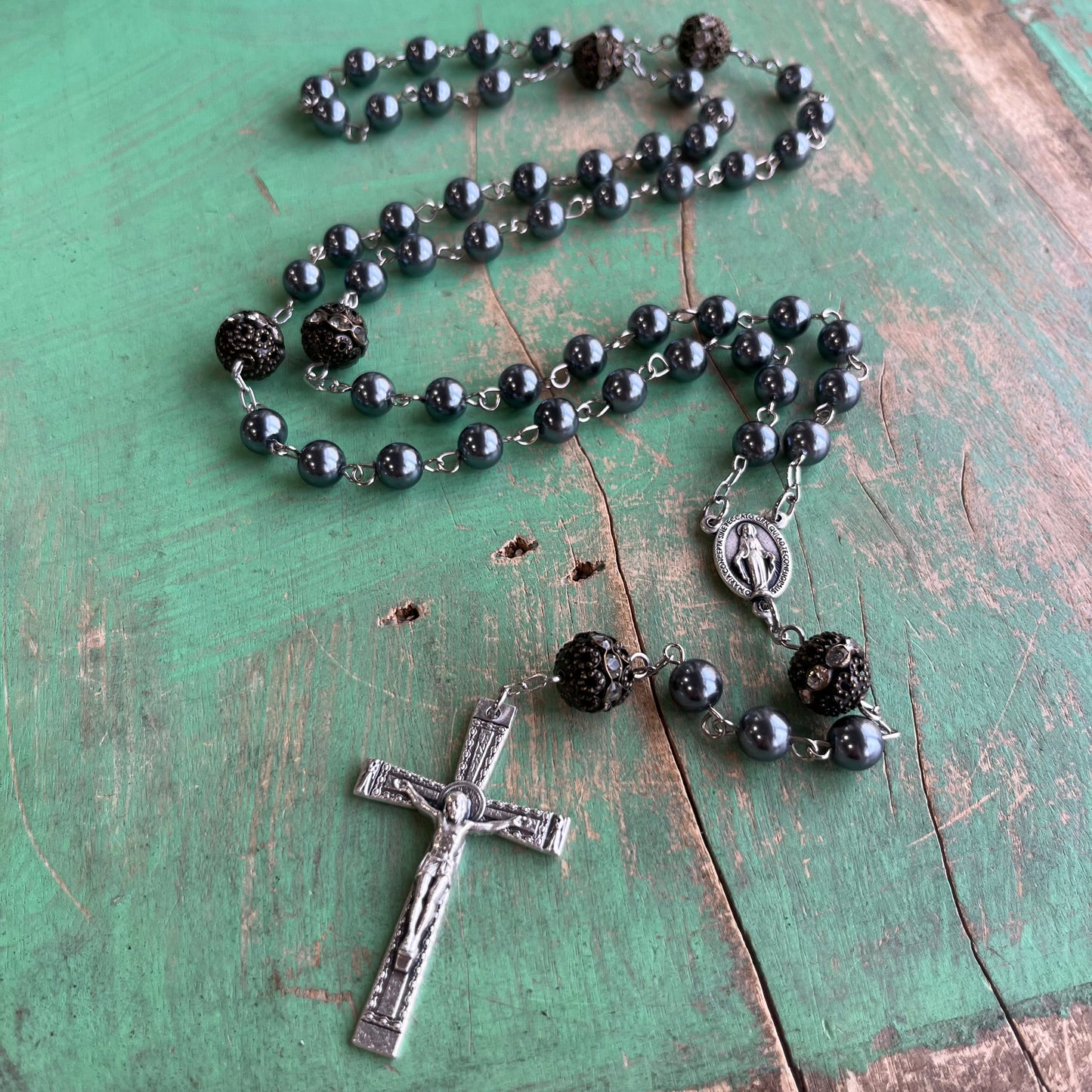 Grey Pearl Miraculous Medal Rosary