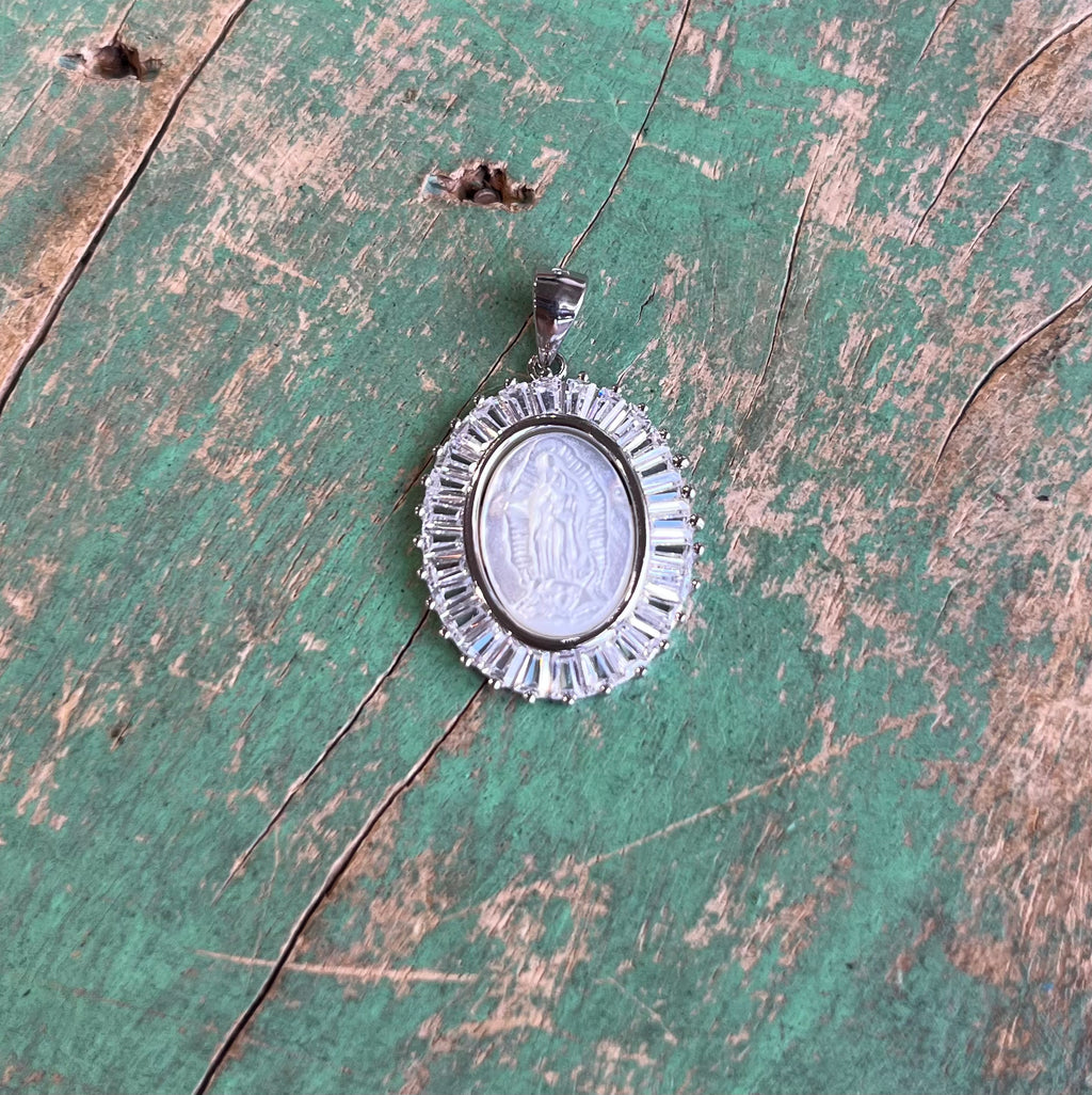 Sterling Silver Baguette Mother of Pearl OLG Chain Necklace or Pendant