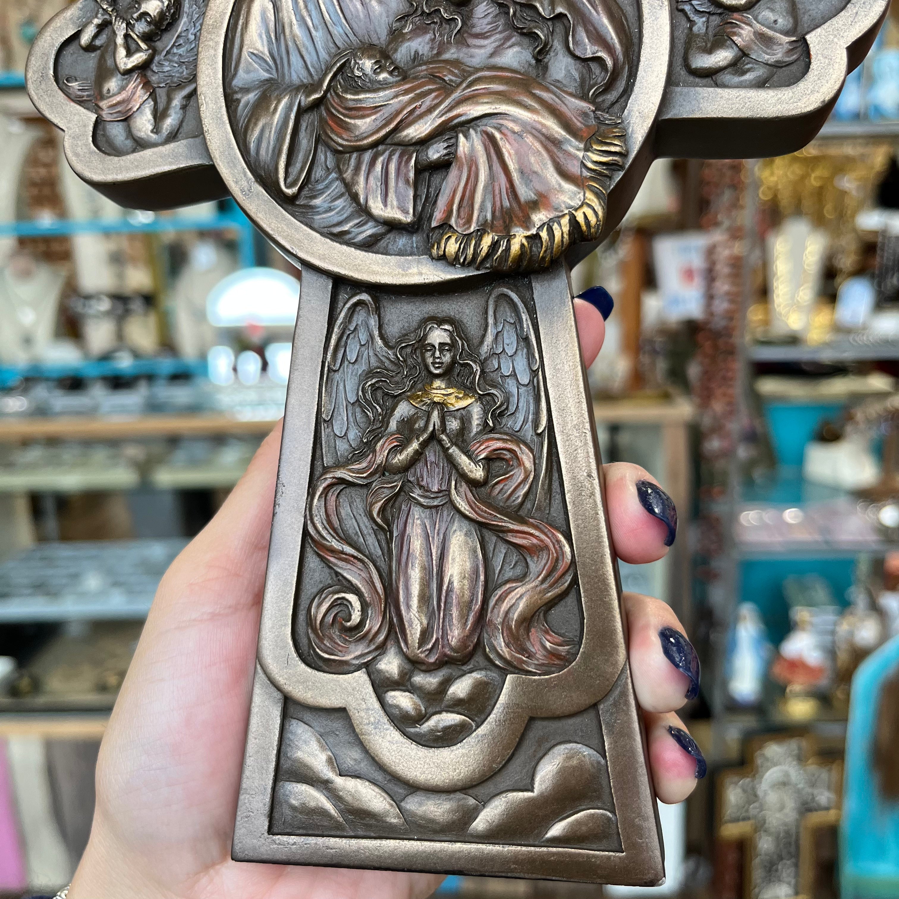 Holy Family Bronze Polyresin Cross