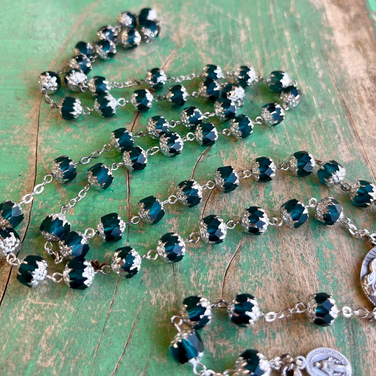 Teal Glass Bead Scapular Rosary