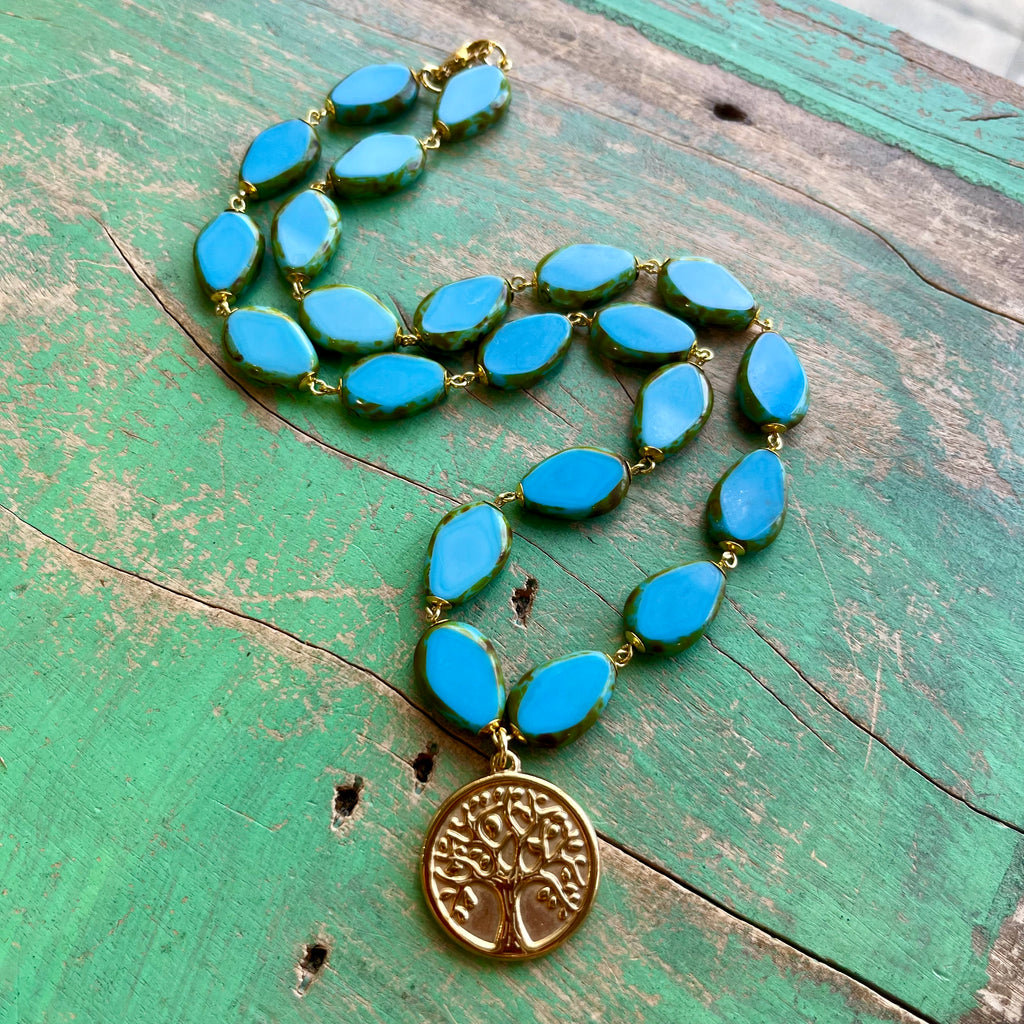 Turquoise and Gold Tree of Life Necklace, Bracelet or Earrings