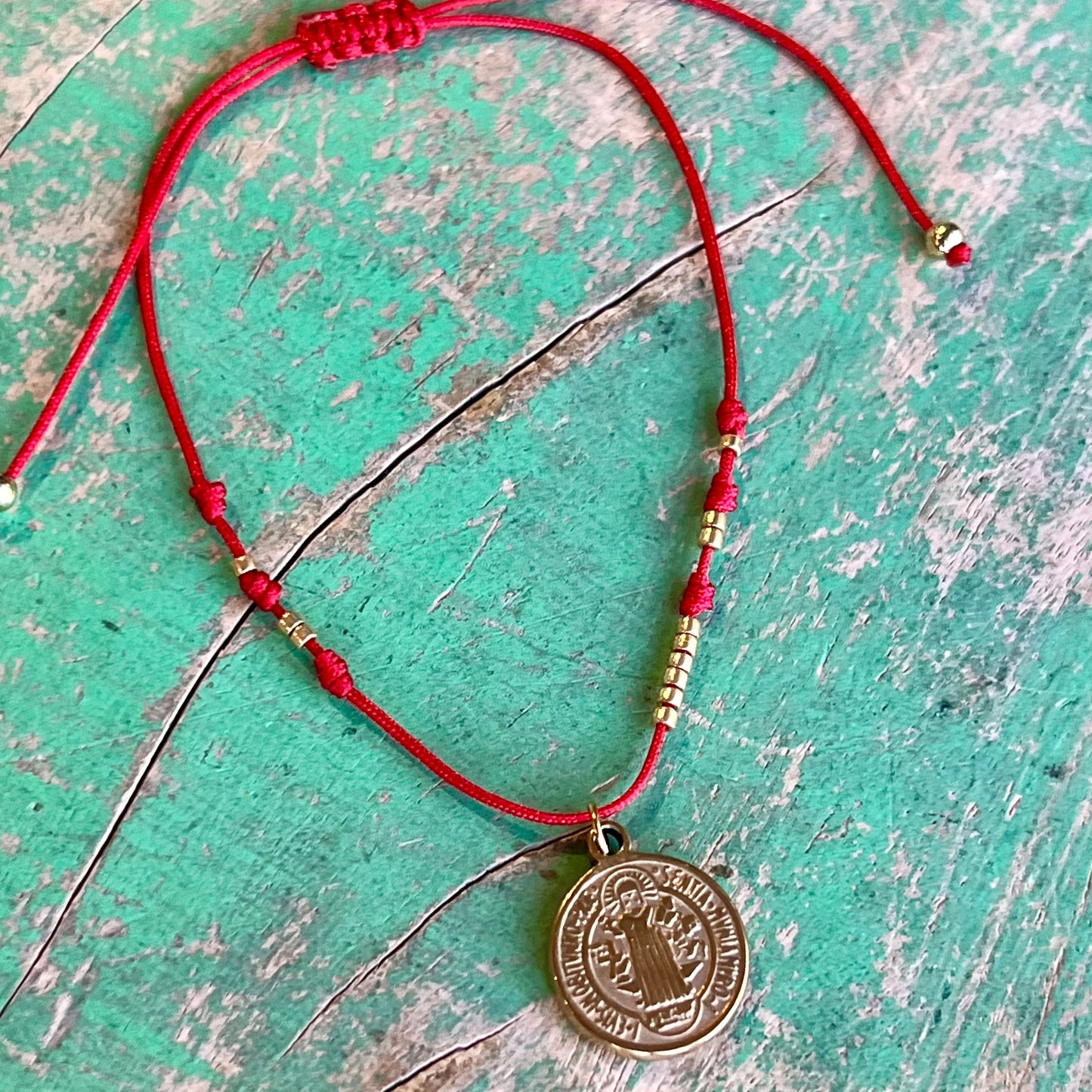 St Benedict Dangle Red Cord Adjustable Bracelet