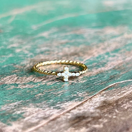 Gold Mini CZ Side Cross Ring