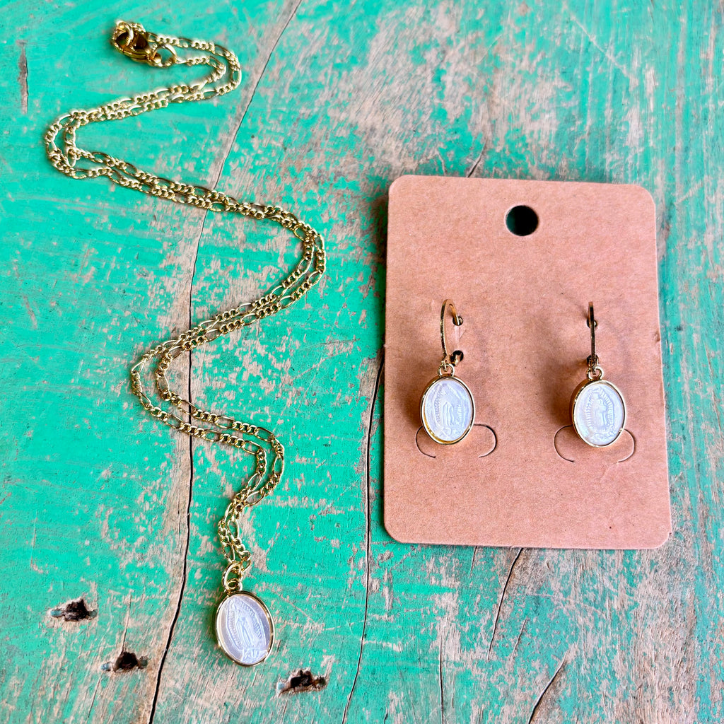 Figaro Chain with Mother of Pearl Our Lady of Guadalupe Necklace or Earrings