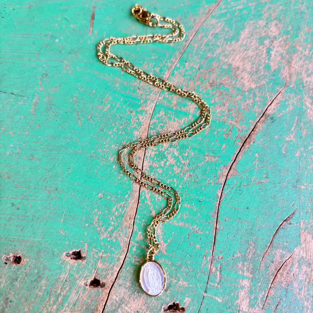 Figaro Chain with Mother of Pearl Our Lady of Guadalupe Necklace or Earrings