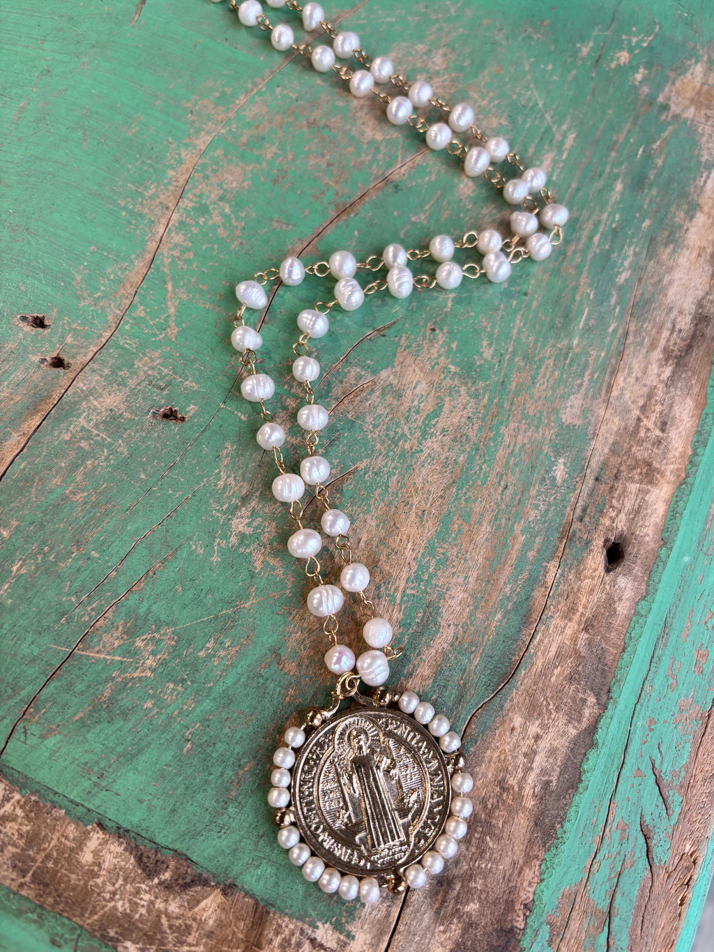 Long Pearl Gold St Benedict Necklace