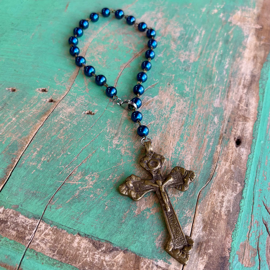 Bronze Crucifix Blue Pearl Car Blessings