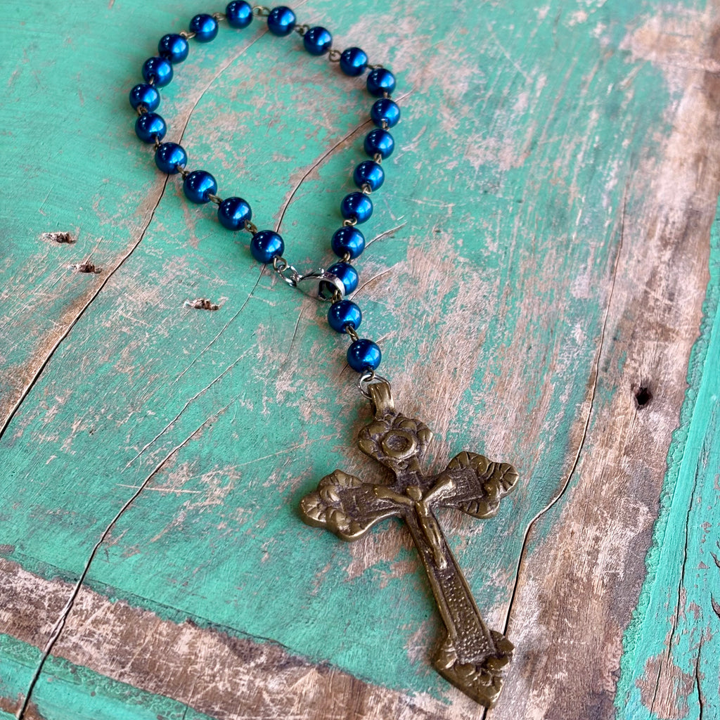 Bronze Crucifix Blue Pearl Car Blessings