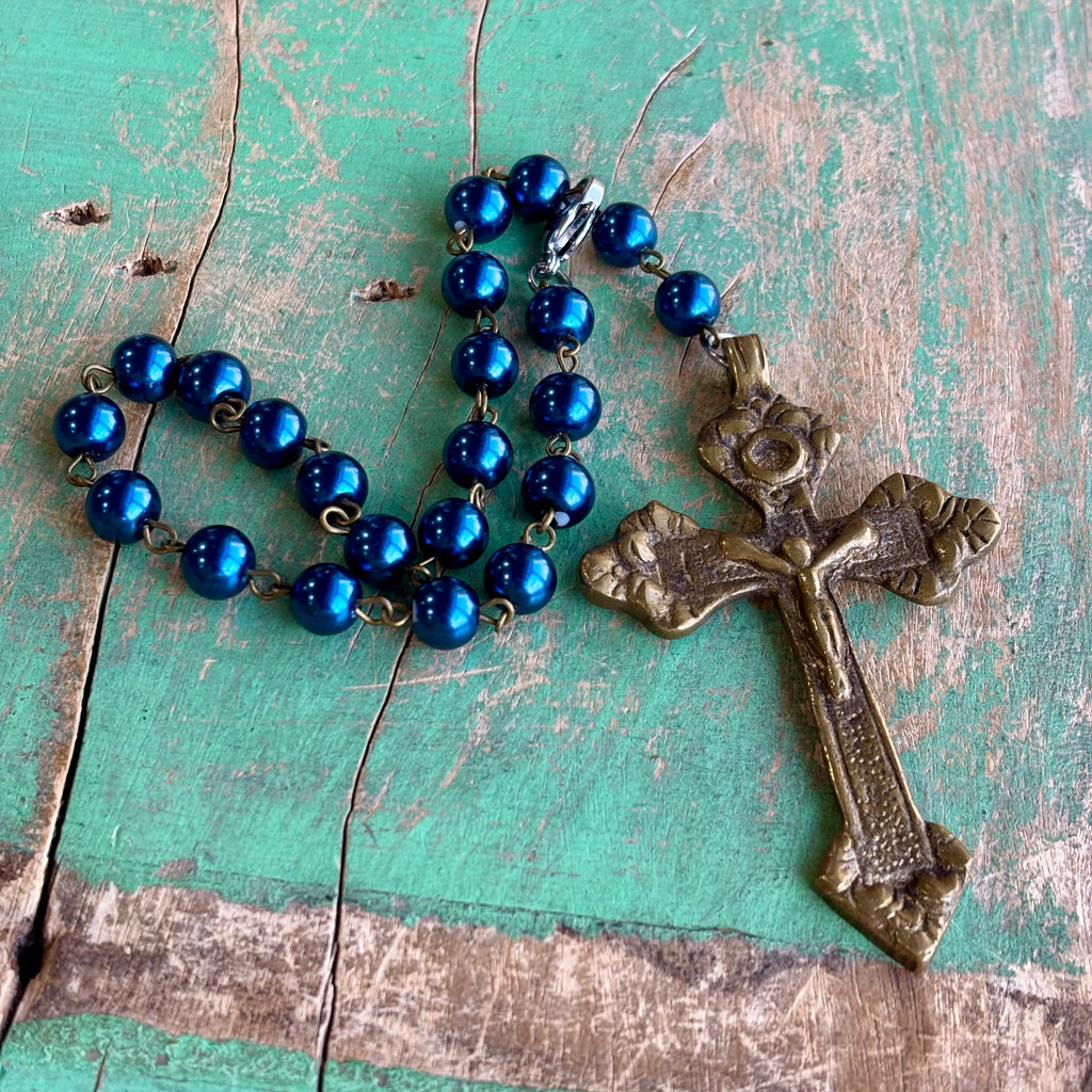 Bronze Crucifix Blue Pearl Car Blessings