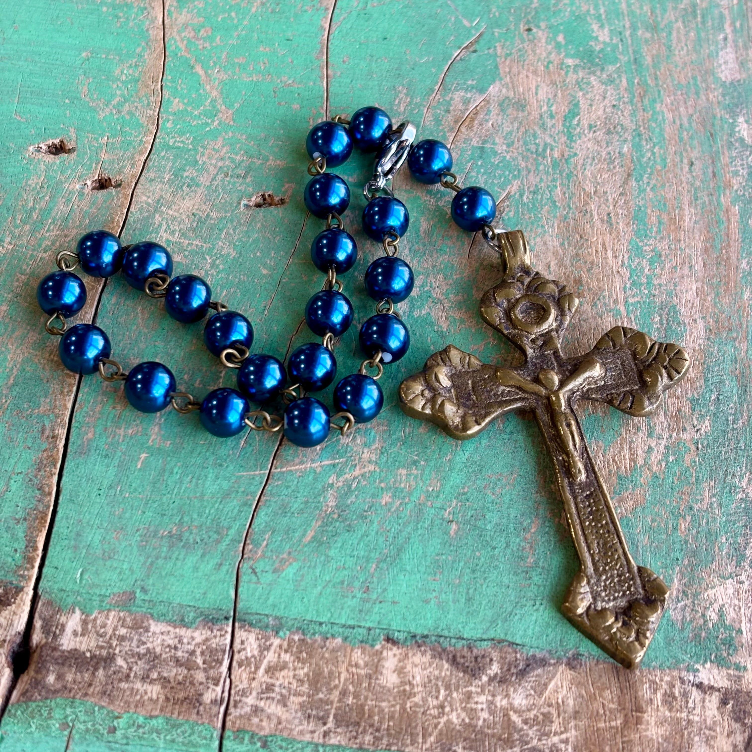 Bronze Crucifix Blue Pearl Car Blessings
