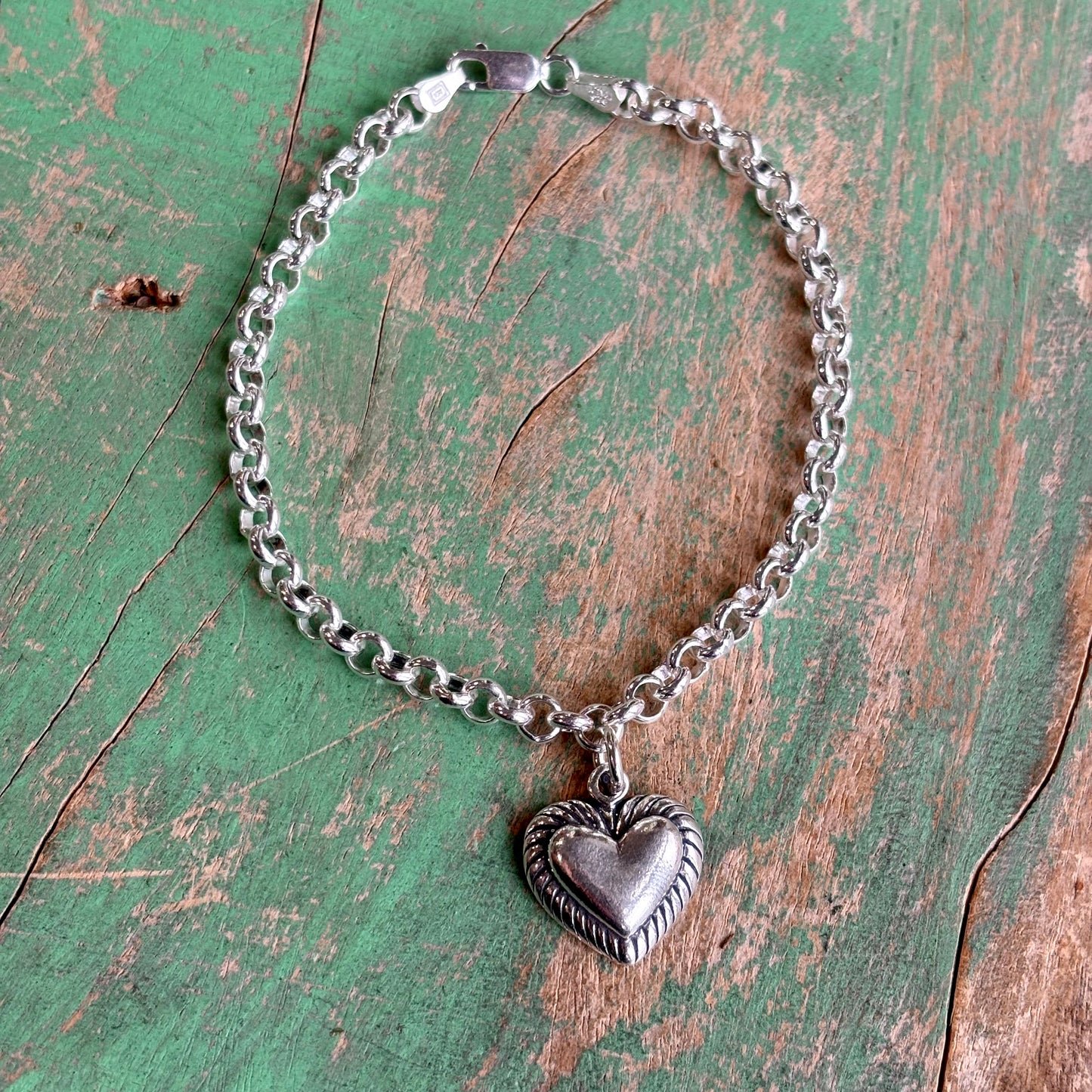 Sterling Silver Rope Heart Charm Bracelet