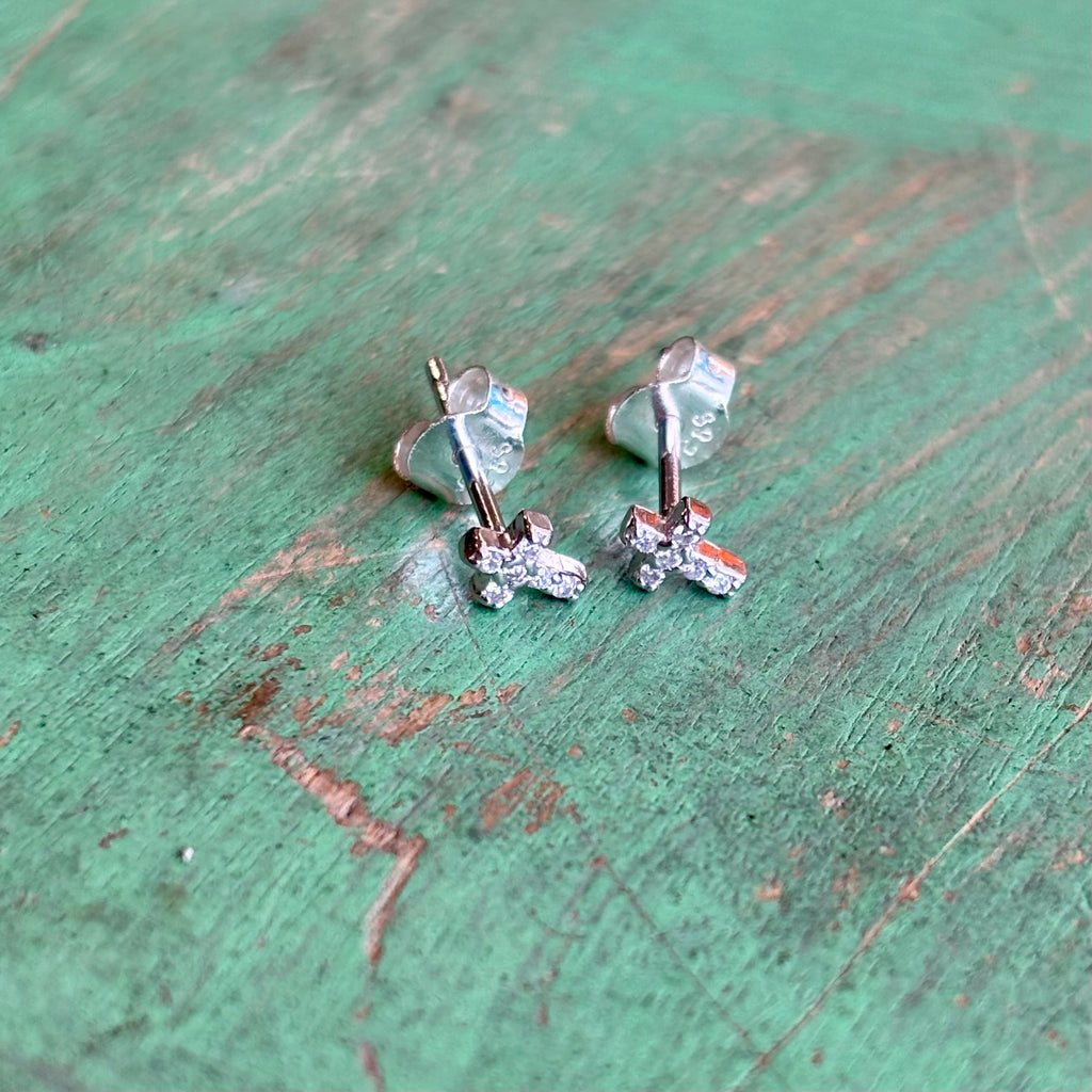 Sterling Silver CZ Mini Cross Studs