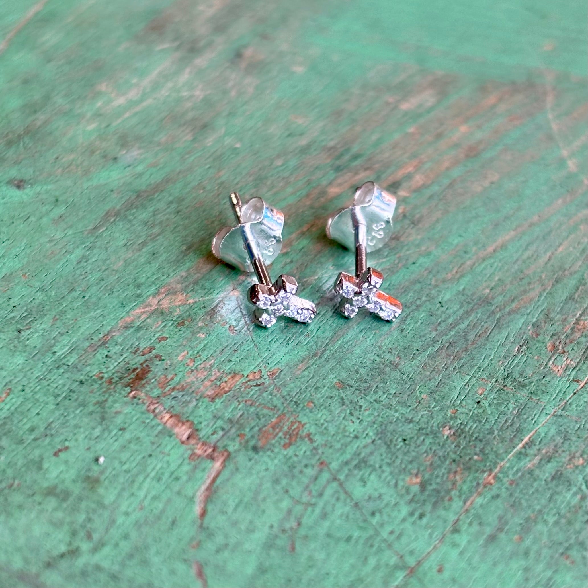 Sterling Silver CZ Mini Cross Studs