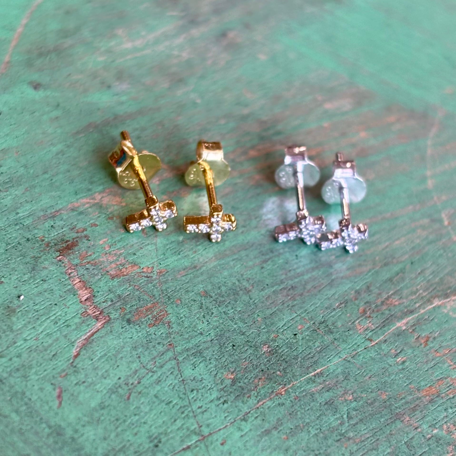 Sterling Silver CZ Mini Cross Studs