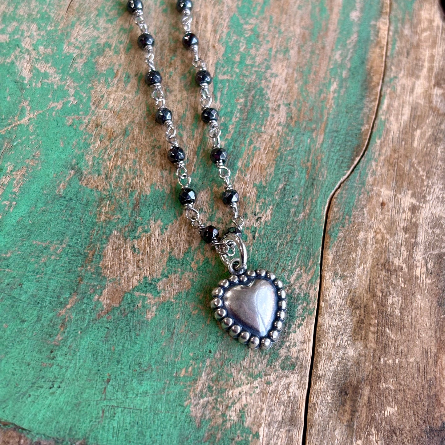 Sterling Silver Hematite Necklace with Dots Heart