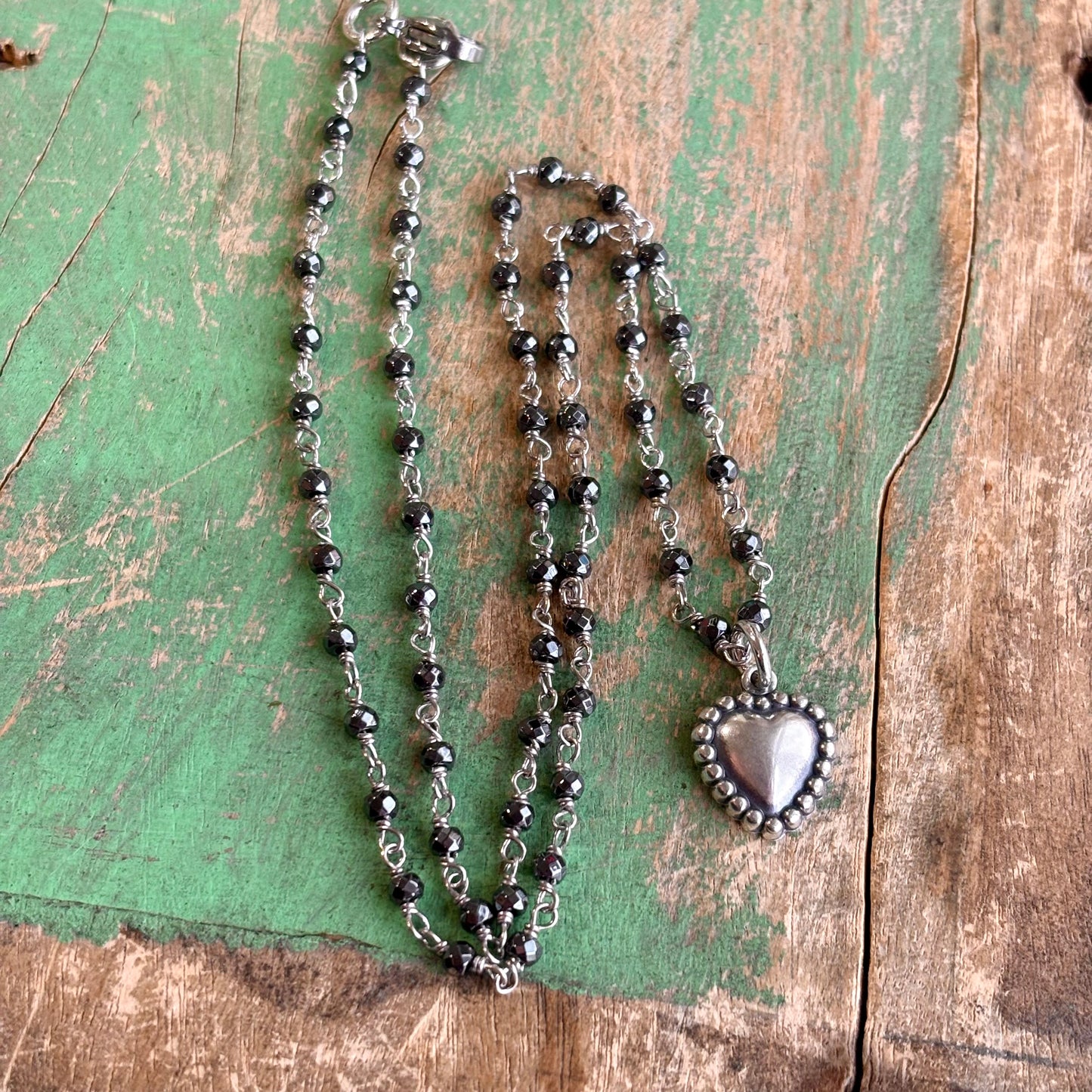 Sterling Silver Hematite Necklace with Dots Heart