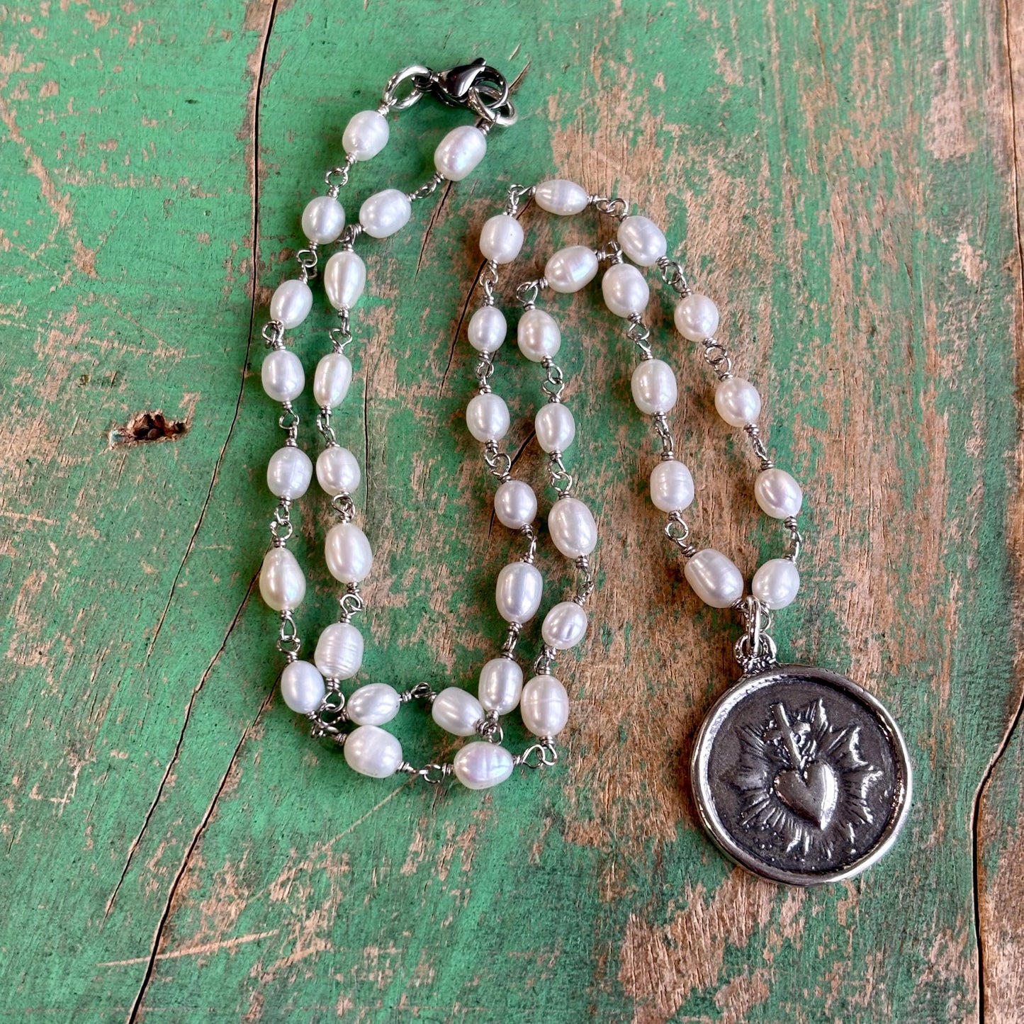 Sterling Silver Round Sacred Heart Medallion on Freshwater Pearls