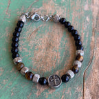 Tiger Eye and Stainless Steel Cross Beaded Bracelet