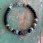 Tiger Eye and Stainless Steel Cross Beaded Bracelet
